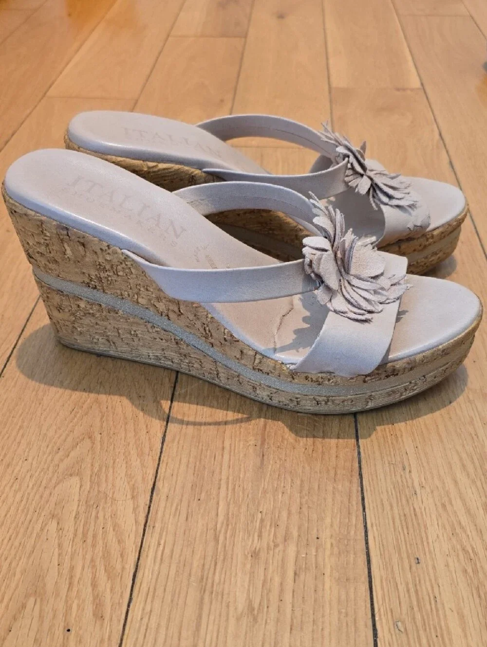 Italian Shoemakers Lavender Gray Floral Cork Wedge Sandals